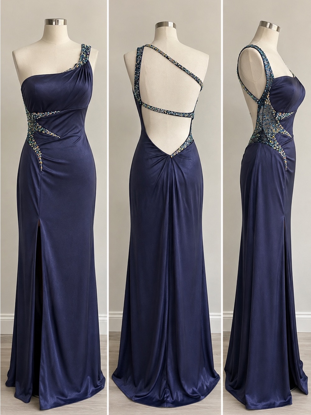 La Femme Navy One-Shoulder Evening Gown with Beaded Accents